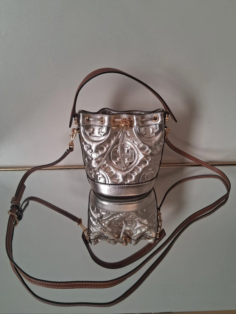 Tory Burch Mini T Monogram Metallic Bucket Bag